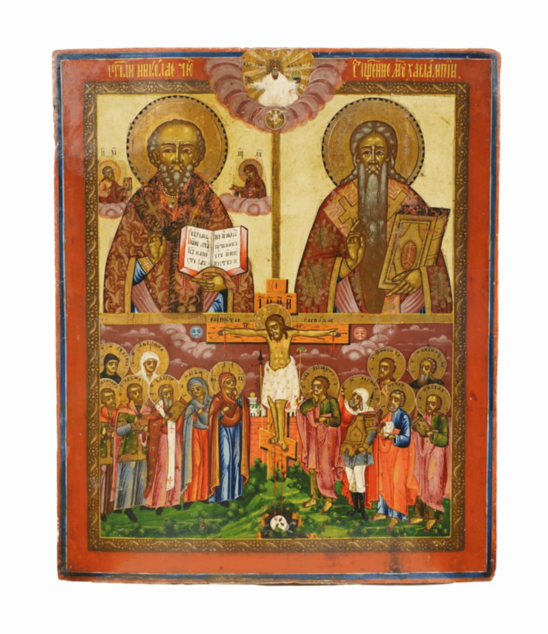 Immagine sacra della Crocifissione di Cristo accompagnata da figure di santi, ciascuno testimoniante la loro fede e sacrificio. Questa icona non solo rappresenta il sacrificio supremo di Gesù, ma anche la comunità dei santi che perpetua il suo messaggio di salvezza attraverso i secoli.
