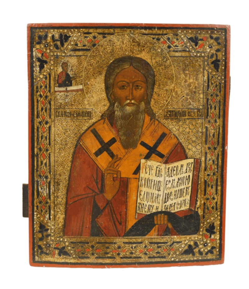 Icona di Sant'Antipa, raffigurato in atteggiamento di preghiera o martirio, simbolo della sua dedizione e del sacrificio supremo per la sua fede. Questa immagine potente serve come fonte di ispirazione per coloro che cercano coraggio e guida spirituale nelle proprie vite.