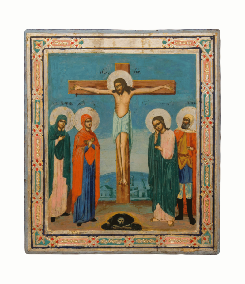 Icona della Crocifissione, raffigurante Gesù sulla croce, un'immagine potente di fede e speranza, essenziale nella tradizione cristiana.