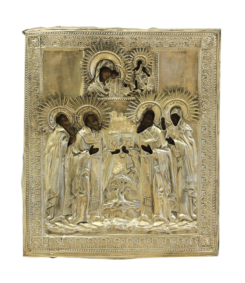 Icona dei Santi Nikita, Nicola, Basilio e Barbara, raffigurati insieme, ognuno portando i simboli del loro martirio e santità, ispirando fede e devozione nei fedeli.